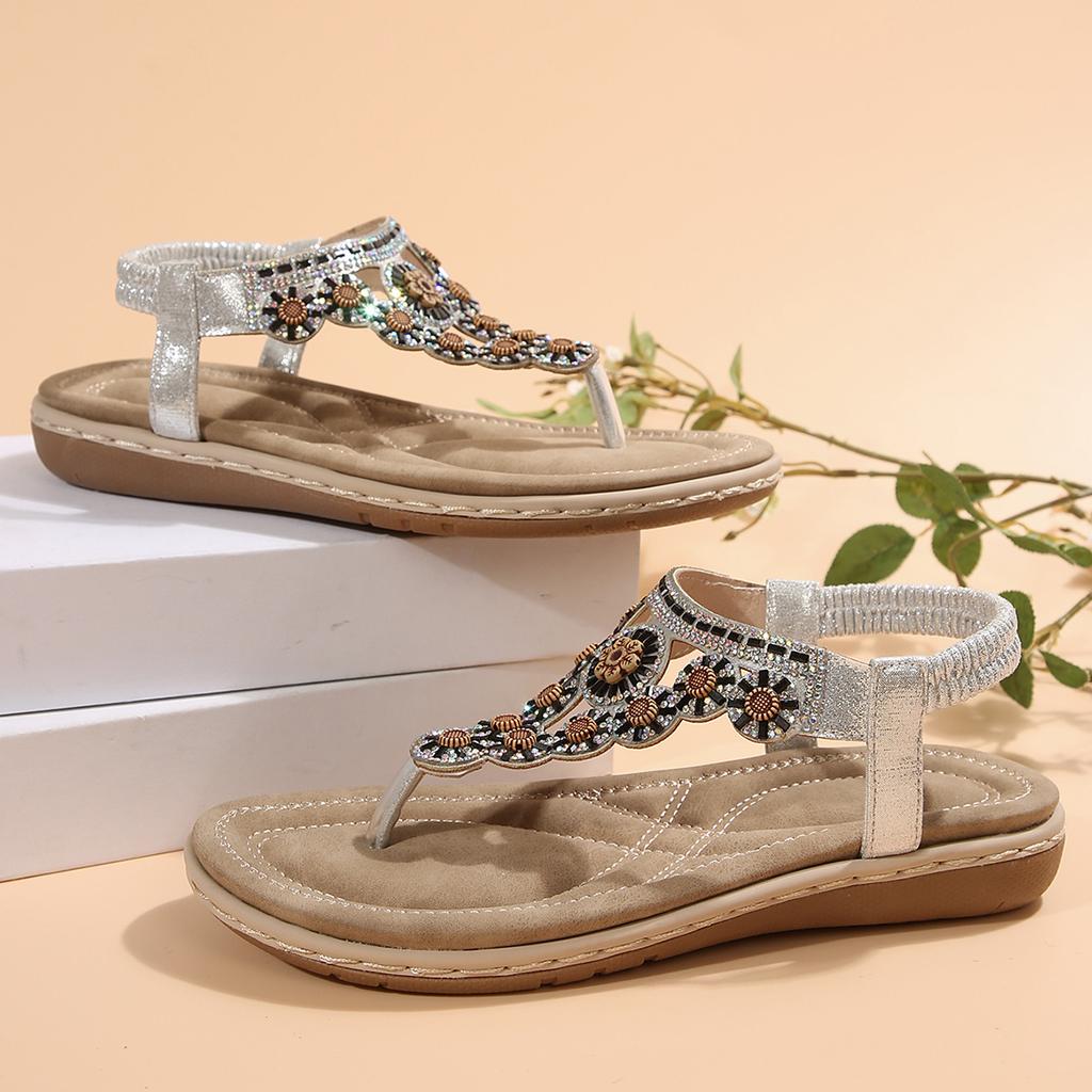 Ladies Strap Flat Sandals Summer Boho Rhinestone Dressy Thong Shoes Elastic Ankle Strap Roman Sandals Comfortable Walking