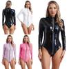 Women 3-end Zipper Rompers Latex Bodysuit Leotard Sexy Clubwear Catsuit High-cut Bodycon Tights Jumpsuit Stage Pole Dance Suit