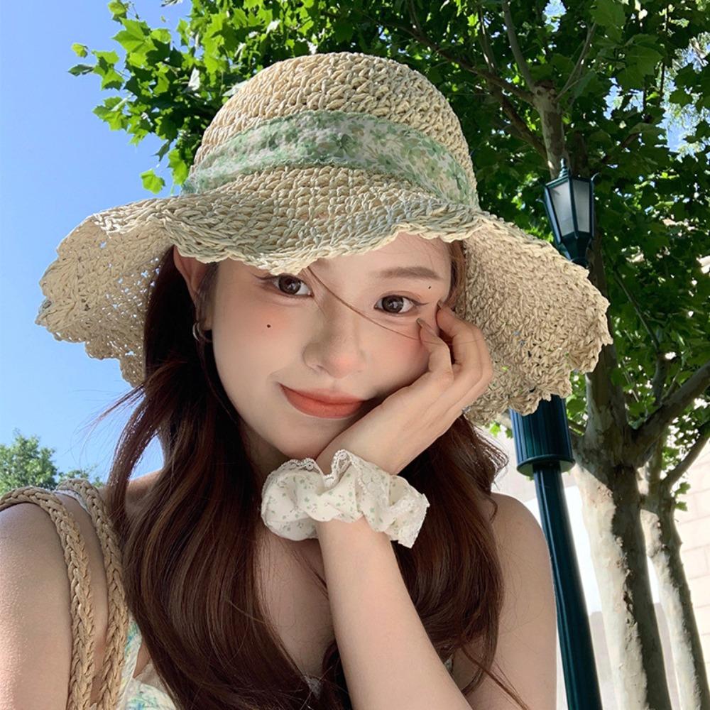 French Style Lace Straw Hat Spring Summer Women's Sun Hat Elegant Bow Ribbon Straw Hat  Outdoor