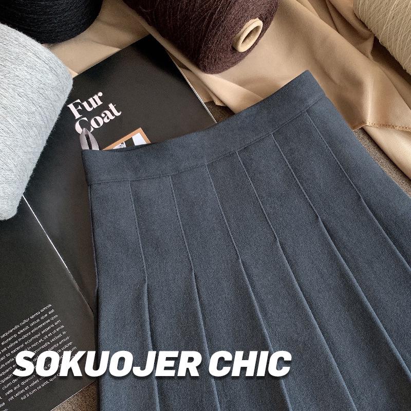 Женская высококачественная черная юбка А-силуэта плиссе из смесовой шерсти - Плотная, с высокой посадкой, стройнящая, большого размера, короткой длины для осени и зимы.