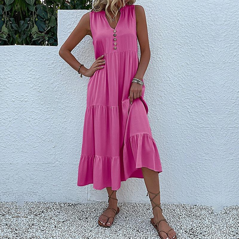 Sleeveless V Neck Casual Summer Women Dress Fashion Loose Elegant Office Ladies Dresses Layered Ruffled Solid A-line Female Dress 922