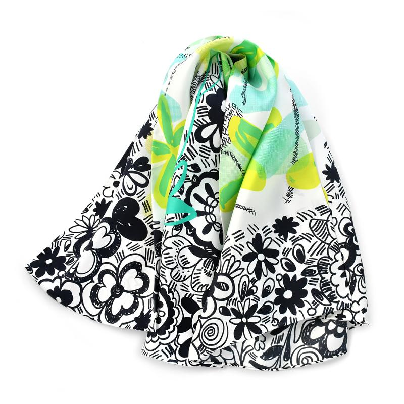 New Green Leaves Black Flowers Printed Natural Silk Twill Square Scarf Women's Spring Autumn Real Silk Scarves Luxury Shawl