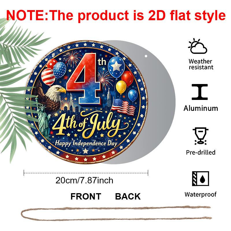 2D Flat, 1pc Round 4th of July Aluminum Hanging Sign, Patriotic Bald Eagle Statue of Liberty Balloon Firework Design, Retro Distressed Patriotic Wall