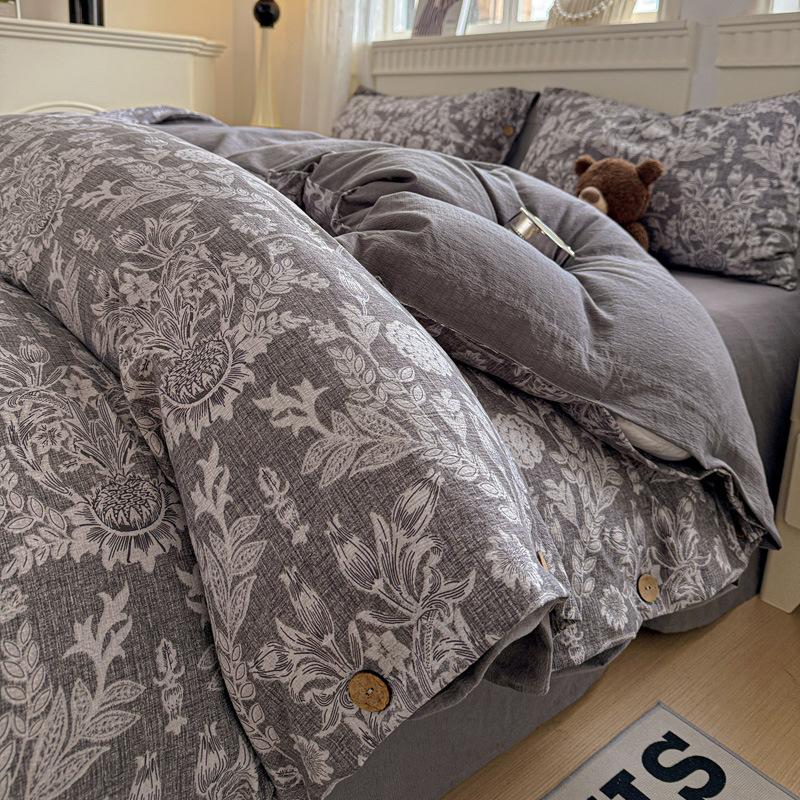 Комплект постельного белья из чистого хлопка с винтажным цветочным принтом, 4 предмета, на пуговицах, простыня из 100% хлопка, простыня на резинке, пододеяльник, постельное белье класса А