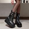 Punk Boots Women Matte Leather Platform Chunky Sneakers Autumn 9CM Wedge Heels Mid-Calf Boot Woman Winter Metal Motorcycle Boots