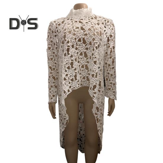 Женское длинное платье с вырезом сверху, нерегулярным вязанием крючком, кружевом, цветочным узором, прозрачной короткой передней частью и длинной задней частью, с полувысоким воротником и длинными рукавами