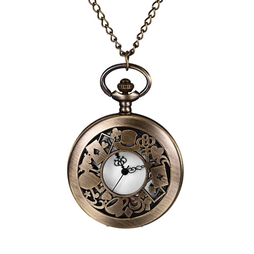 Pocket Watch Alice Cute Skeleton Antique Roman Analog Waterproof with Lid Pendant Watch Pocket Watch Ladies Necklace Retro Fashion Accessory Birthday