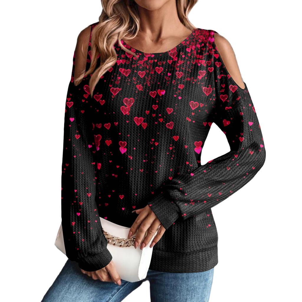 Women's Winter Oversized T-Shirt Fashionable Off-the-Shoulder Round Neck Vintage Floral Print Pullover Long-Sleeved Top