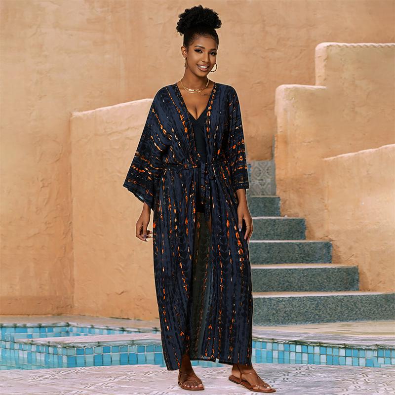 EDOLYNSA Накидки на бикини, длинная туника, сексуальное платье-кимоно, богемное платье в полоску с галстуком-красителем, женская пляжная одежда больших размеров, купальный костюм, накидка Q1314