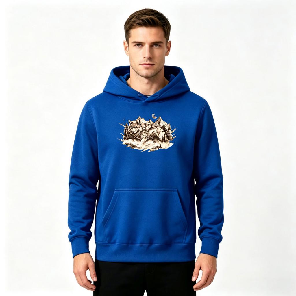 Men's Wolf Mountain Print Pullover Hoodie Casual Long Sleeve Crew Neck Sweatshirt for Men