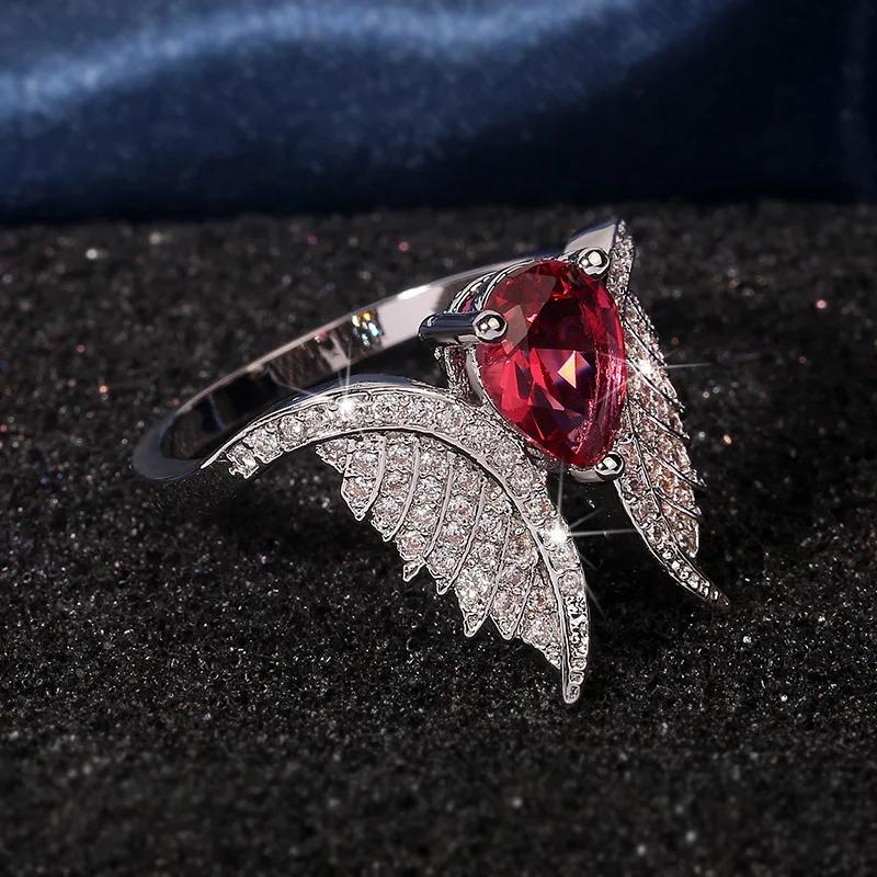 Micro Set Zircon Wing Shaped Red Zircon copper Color Rings Fashion Style Banquet Wedding Rings Women Rings Gift Girlfriend