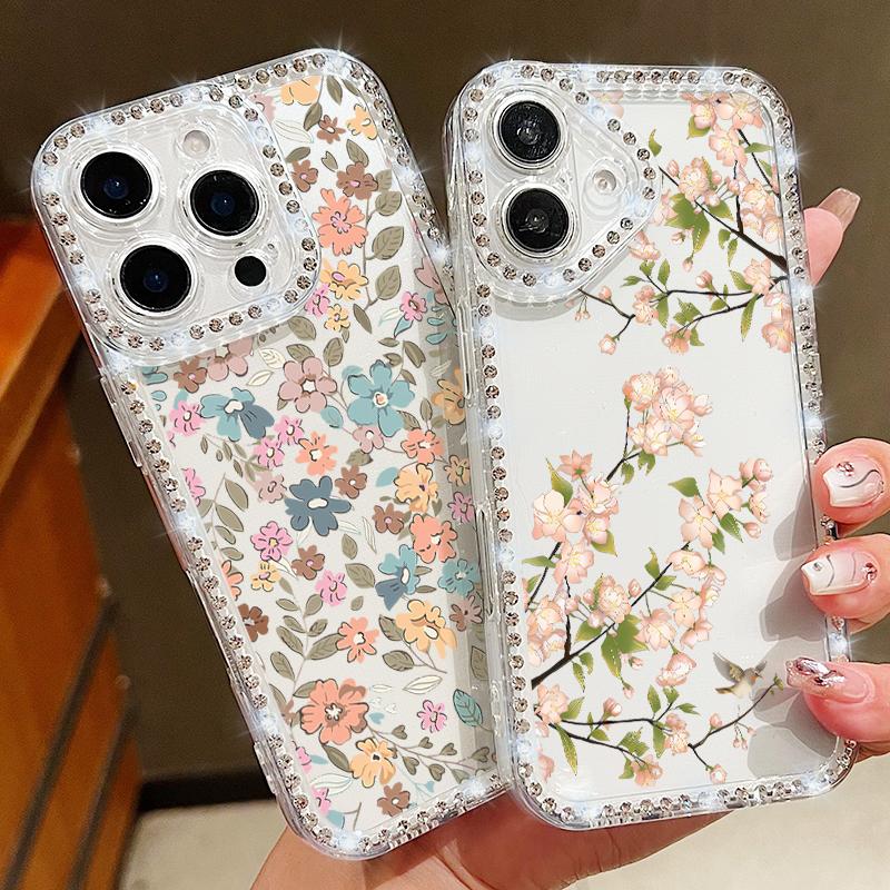 Прозрачный мягкий силиконовый чехол с цветочным узором для iPhone 16E 16 Pro Max 15 Pro 14 13 12 11, противоударный прозрачный чехол для телефона с алмазной рамкой
