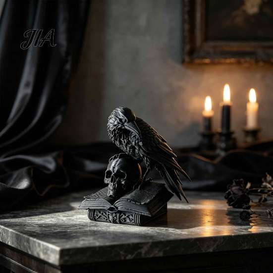 Dark Academia Style Decoration Black Raven Skull Statue, 3D Printed Gothic Crow Figurine for Desk Mystery Theme Party Supplies Shelf, Spooky Halloween