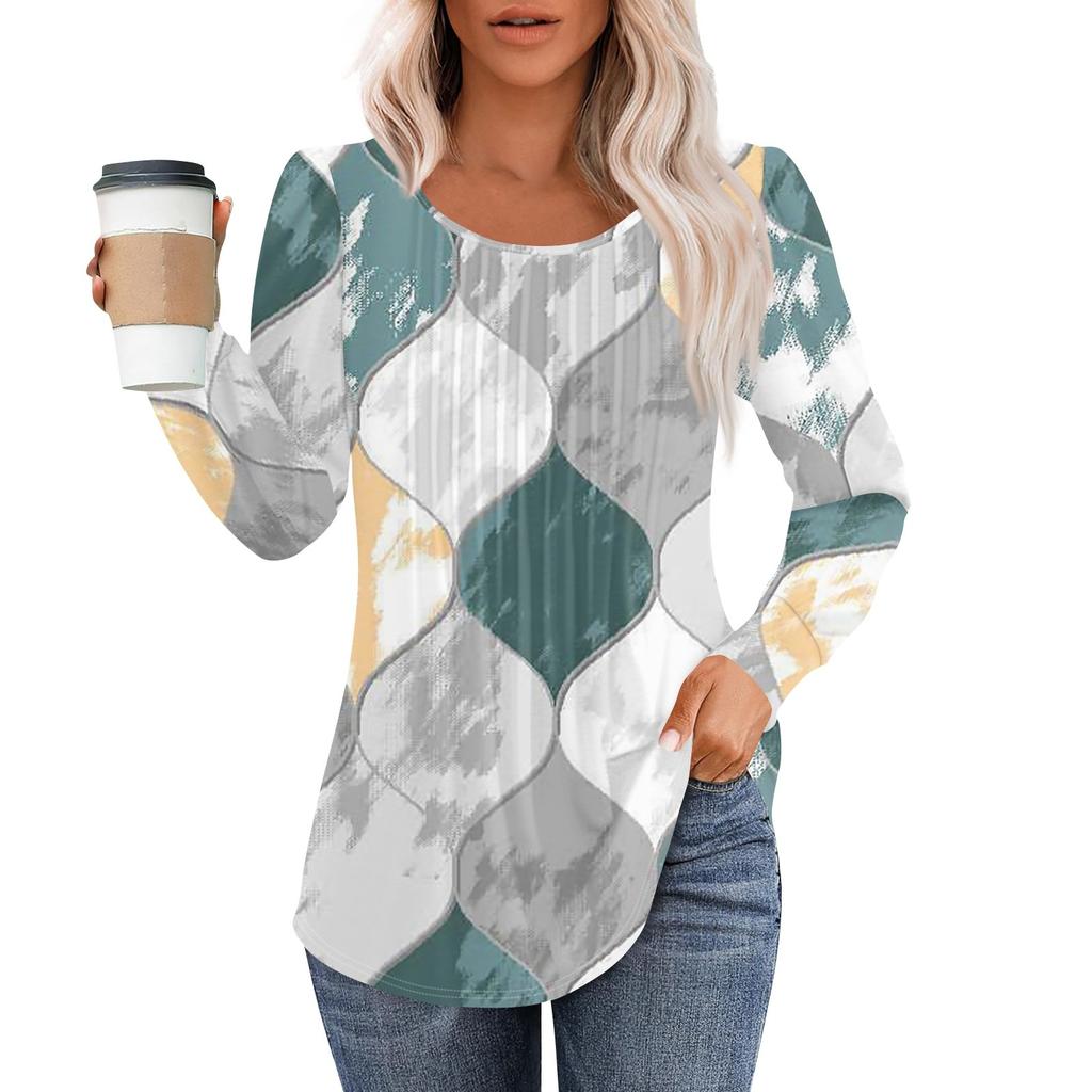 Рубашки с длинным рукавом для женщин, топы, нарядные повседневные блузки, плиссированные топы-туники с круглым вырезом