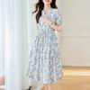 French Retro Round Neck Short-sleeved Floral Dress Summer New Cotton Medium and Long Shirt Skirt