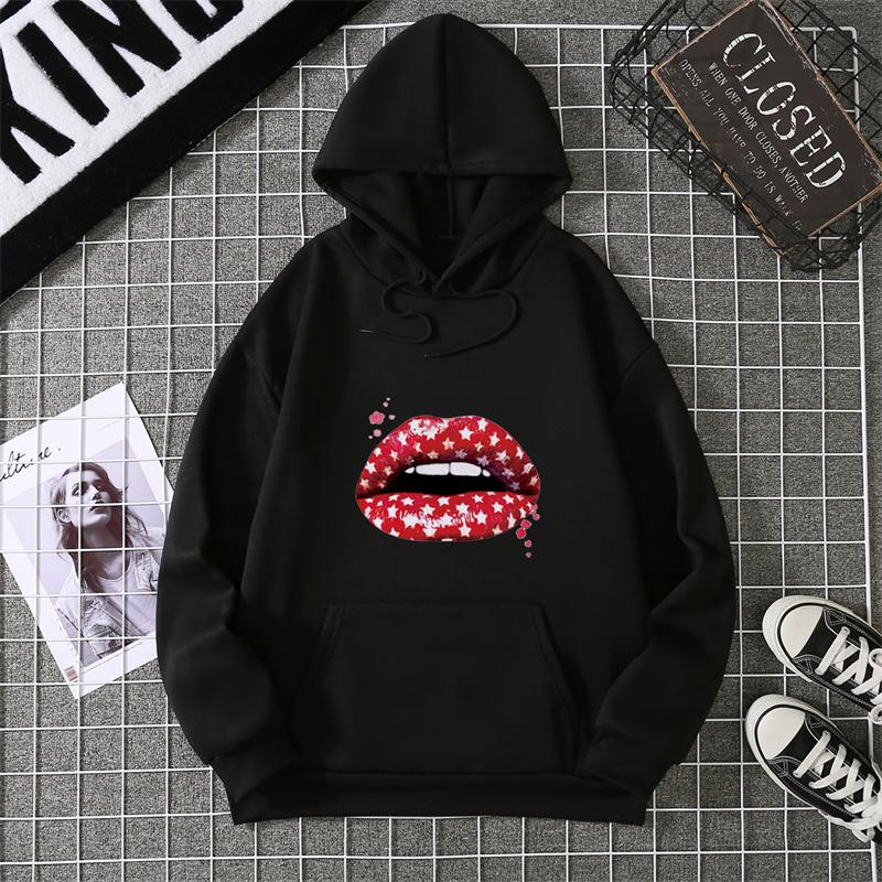 Loose Long Sleeve Women's Hoodie Lip Print Trendy Plus Size Cross-Border Pattern Crew Neck Regular Length Girl Style