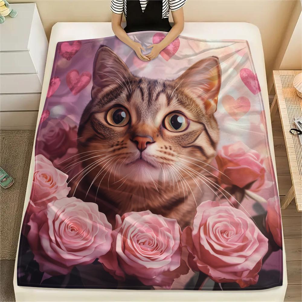 American Shorthair and Roses,pattern Flannel Blanket, High quality Comfortable for All Seasons, Home Decor, Warmth and Comfort, Perfect for Gifts.