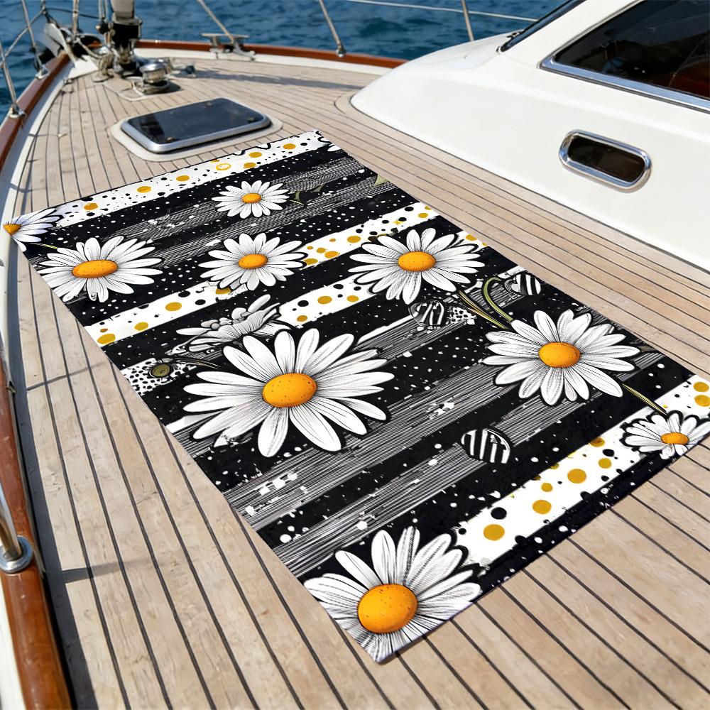 Retro Daisy & Stripe Beach Towel – Oversized Quick Dry Sand Free with Black & White Polka Dot Print for Summer