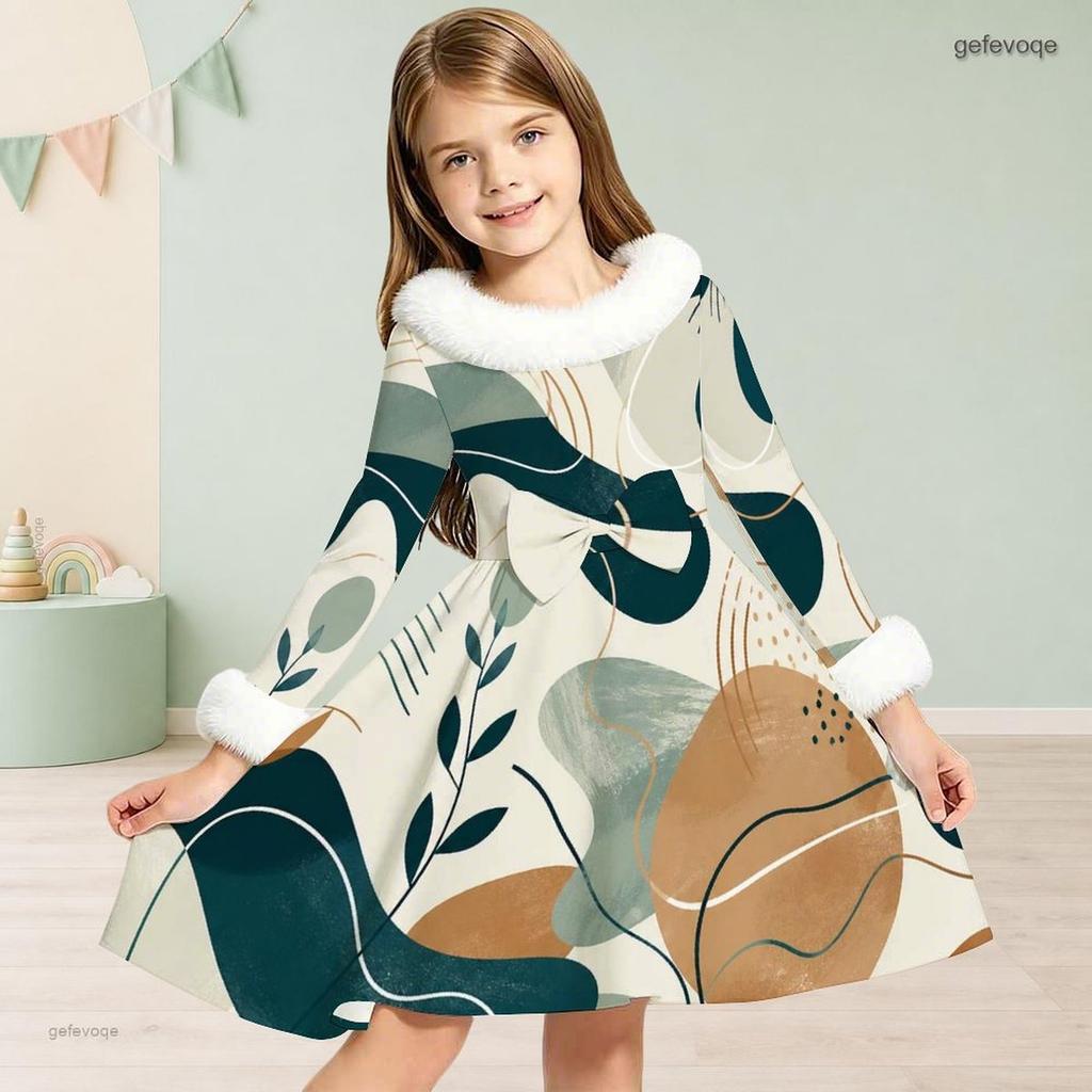 Girls Long Sleeve Faux Fur Collar Abstract Printed A Line Flared Dress With Waist Bow