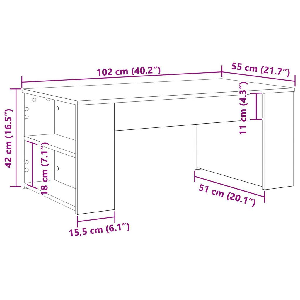 Creative design coffee table, living room table with double open shelves on the sides, sofa side table, black oak 102x55x42 cm