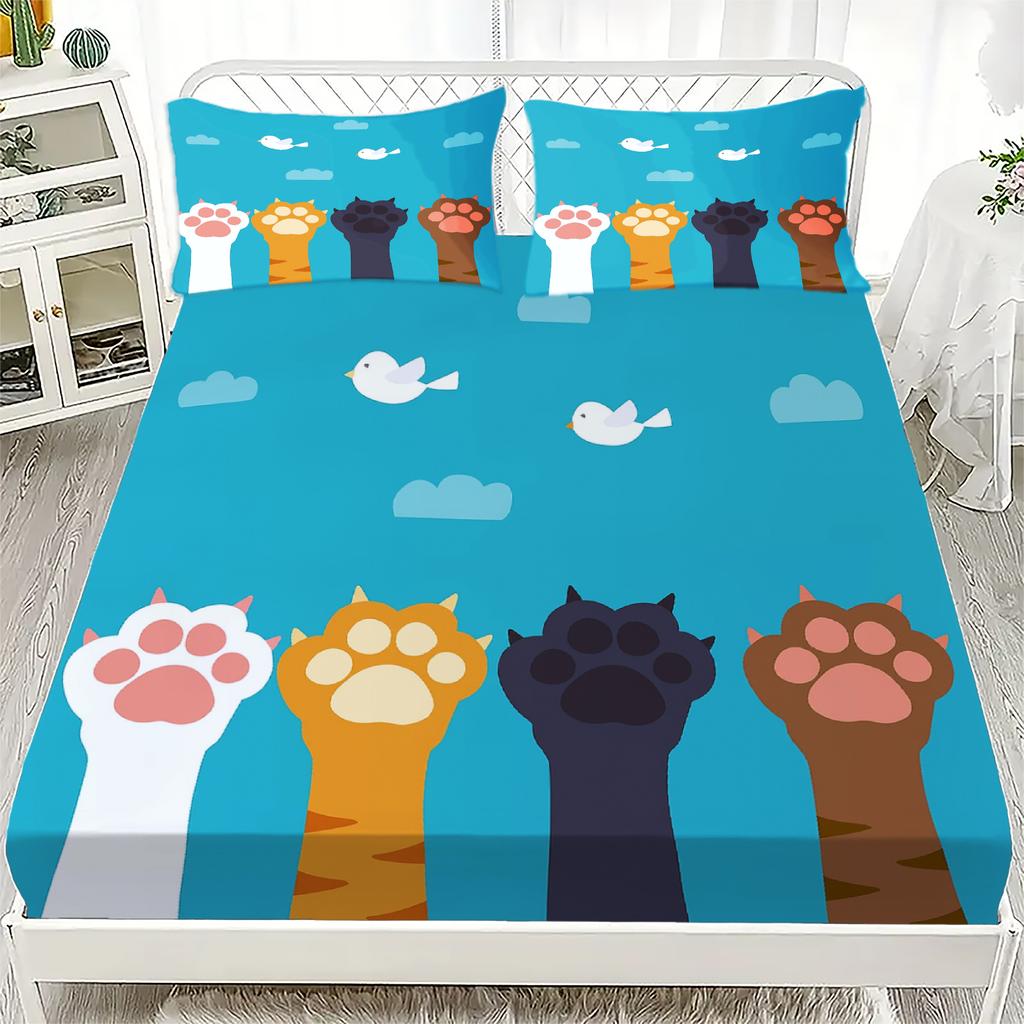 Набор из 3 предметов: Натяжная простыня с мультяшным принтом 'Розовые милые кошачьи лапки', 100% полиэстер, дышащий комплект постельного белья для домашнего декора, с 2 наволочками