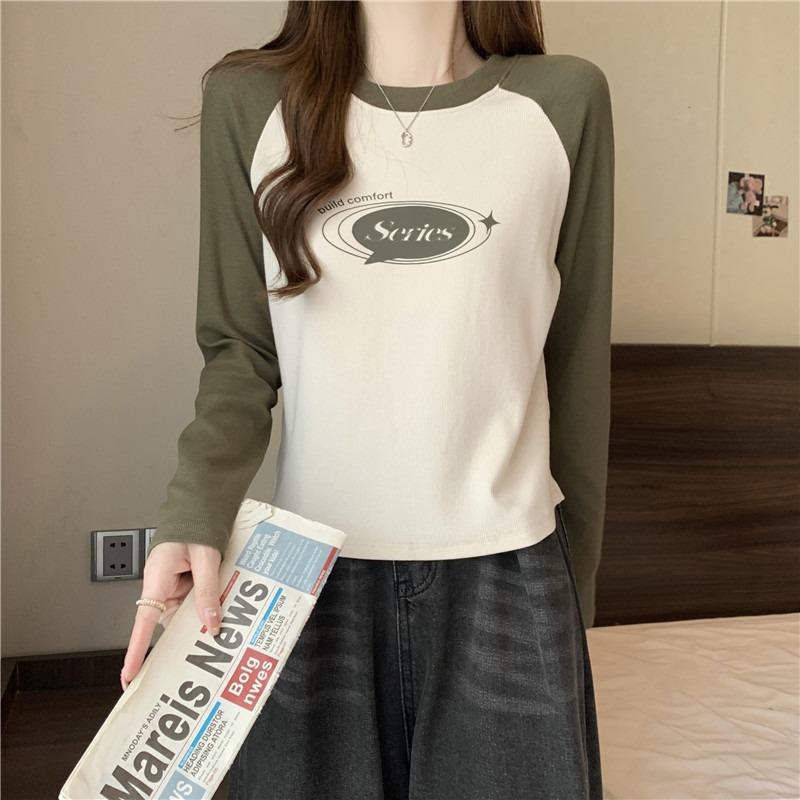 Реальное фото женской одежды осень и зима хлопок плечевая вставка контрастный цвет Y контрастный цвет футболка с длинным рукавом нижняя рубашка топ