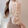 Women Stand Collar Lace Patchwork Shirts Casual Hollow Out Flower Petal Sleeve Button Tops White Shirts for Women