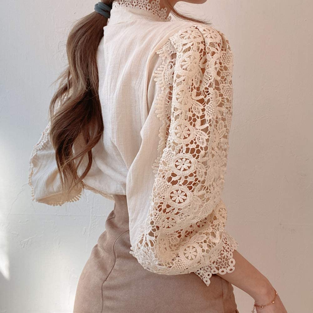 Women Stand Collar Lace Patchwork Shirts Casual Hollow Out Flower Petal Sleeve Button Tops White Shirts for Women