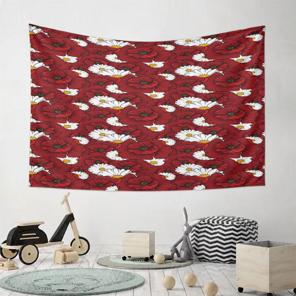 "Red Poppies and White Daisies Pattern" Pattern Wall Hanging Tapestry Decorative Tapestry Home Decor for Bedroom and Living Room
