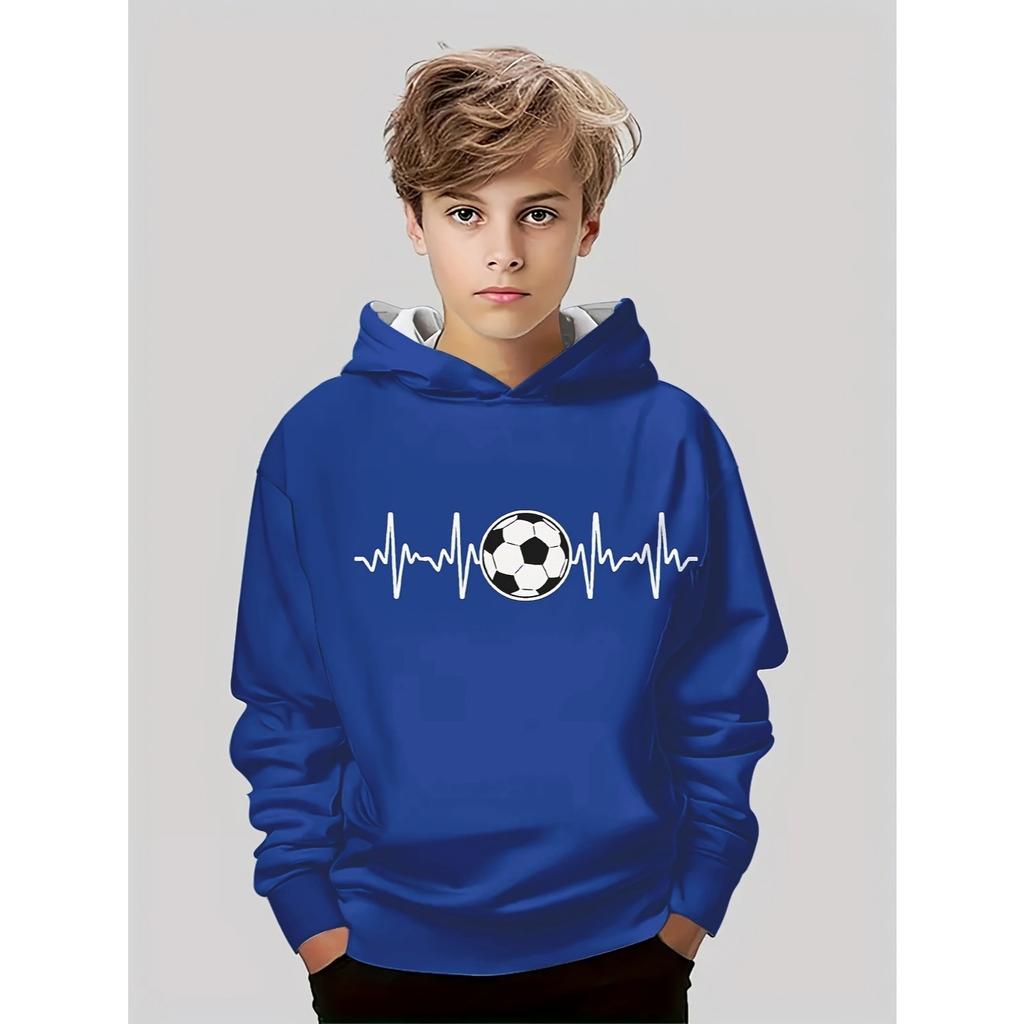 Boys' Football Heart Rate Pattern Hoodie - Royal Blue Hoodie, Sporty Spring and Autumn Casual Outfit