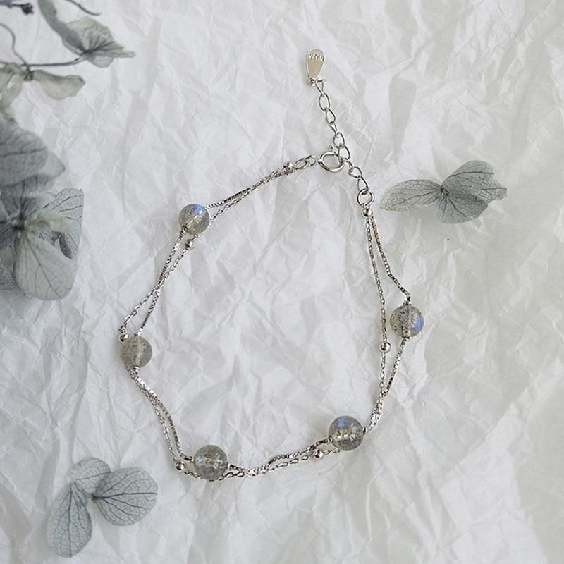 Prevent Allergy 925 Sterling Silver Double Layer Moonstone Round Bead Charm Bracelet Elegant Women Jewelry