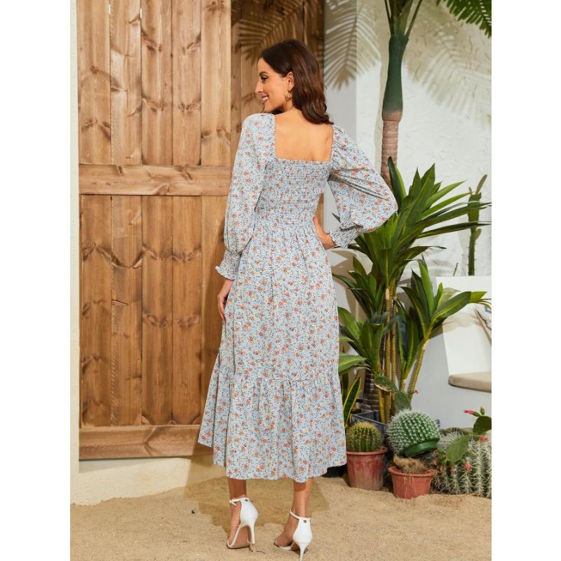 YYFS Women's Fashion Spring Fall Flower Pattern Print Long Sleeve Square Collar High Waist Casual Dresses