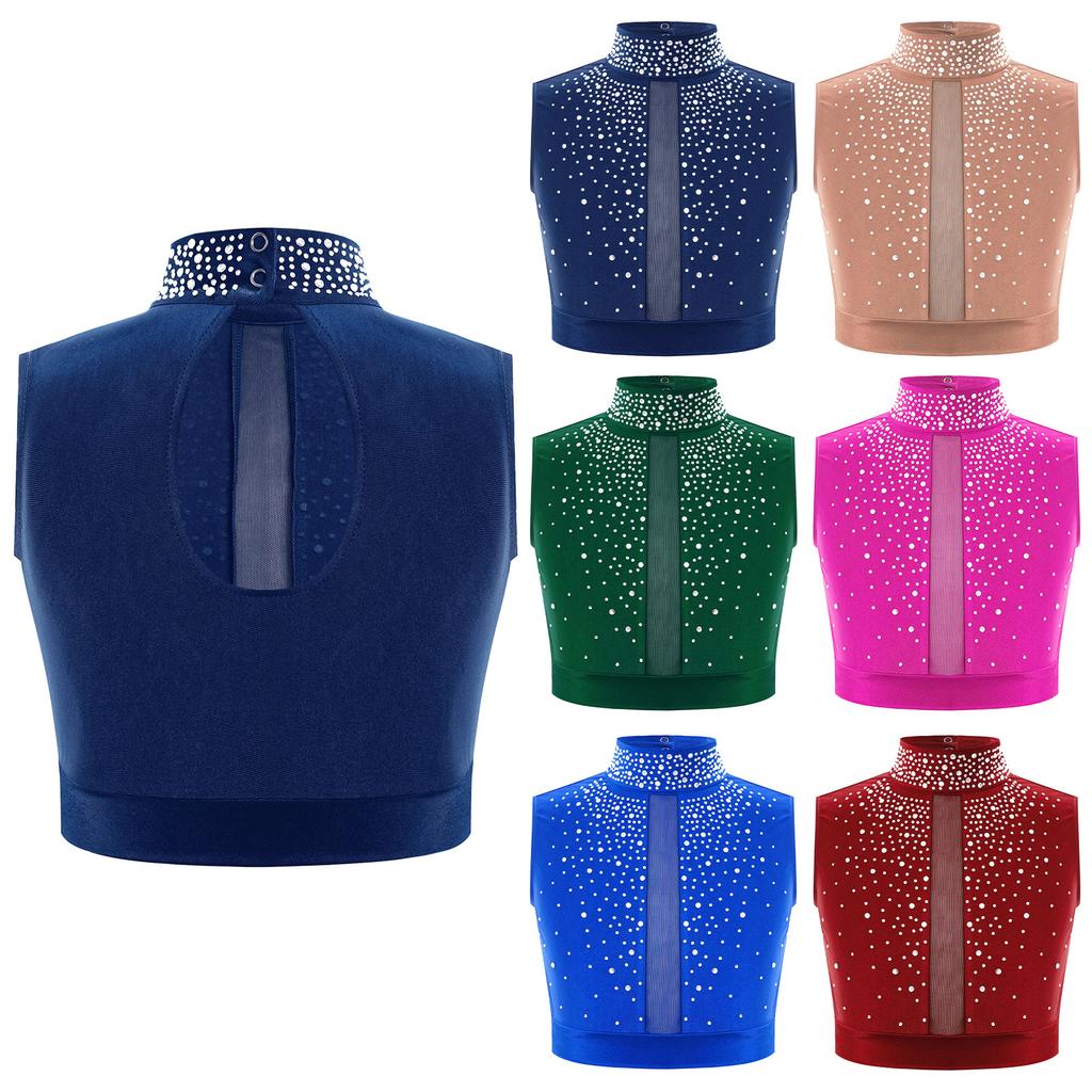 Укороченный топ для девочек Lyrical Dance с воротником-стойкой, без рукавов, вырез-замочная скважина сзади, отделка стразами для современных выступлений