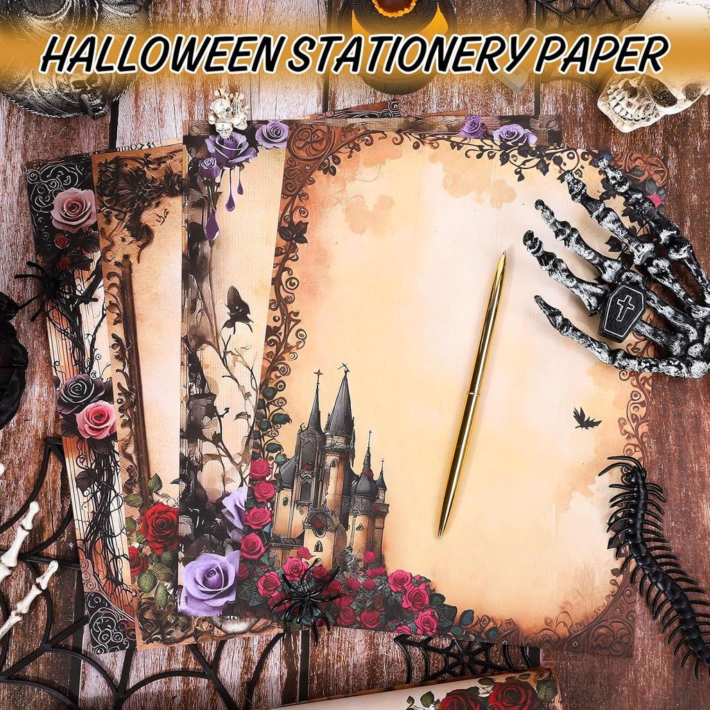 Whaline 60 Sheet Halloween Stationery Paper 4 Gothic Style Border Letterhead Vintage Skull Rose Castle Writing Paper for Invitation Office Printing,