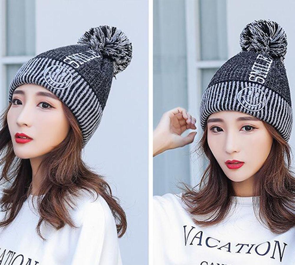 Winter Lady Cute Thicken Beanie Knitting Wool Ball Embroidery Simile Fashion Warm Hat Bonnet