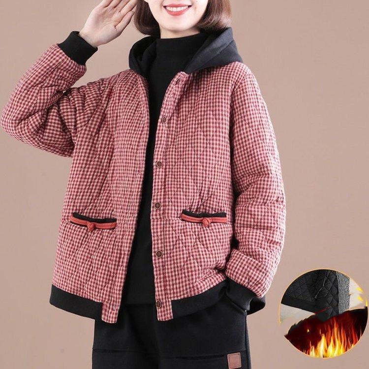 Women's Short Plaid Warm Jacket Snow Large Size Thickened Loose Warm Jacket
