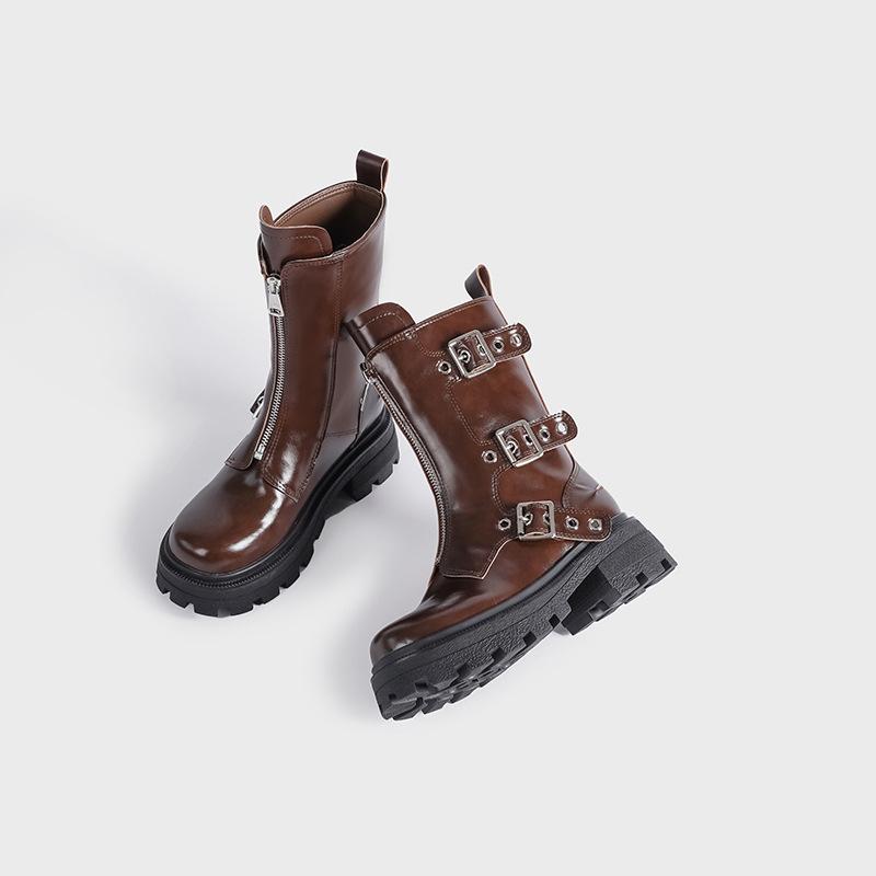Модные ботильоны из кожи на массивном каблуке с заклепками Женские Осенне-зимние Ботинки Панк Мотоциклетные Ботинки Обувь на высокой платформе