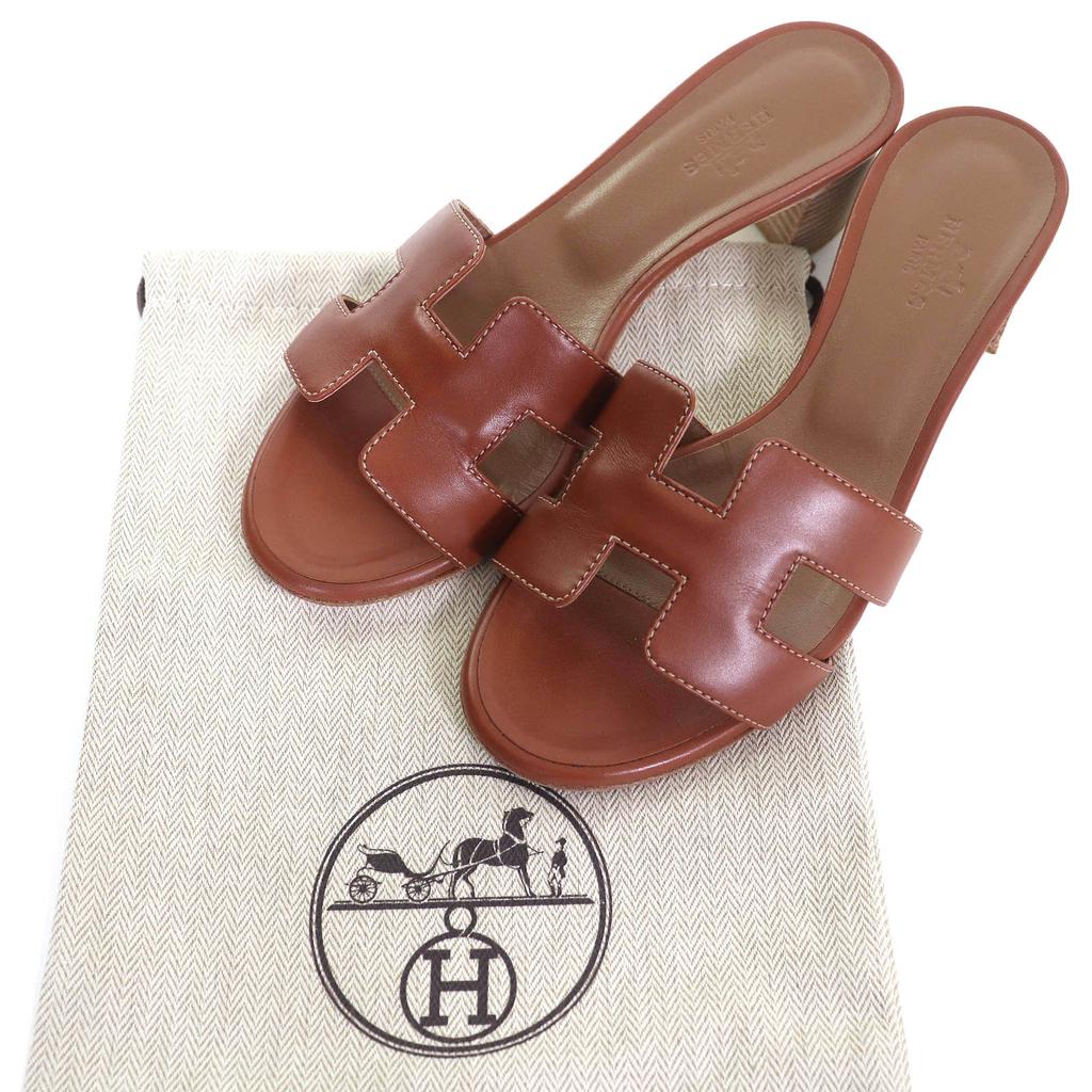Great HERMES Mule Oasis H logo leather sandals Brown leather Women 35 071002Z Used