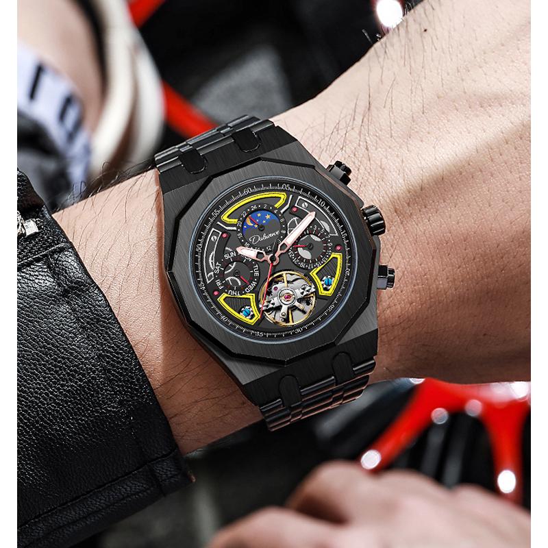 Dulunwe Мужские автоматические механические часы с турбийоном и скелетонизированным механизмом, многофункциональные часы с фазой Луны, индикацией даты и недели, светящиеся спортивные наручные часы