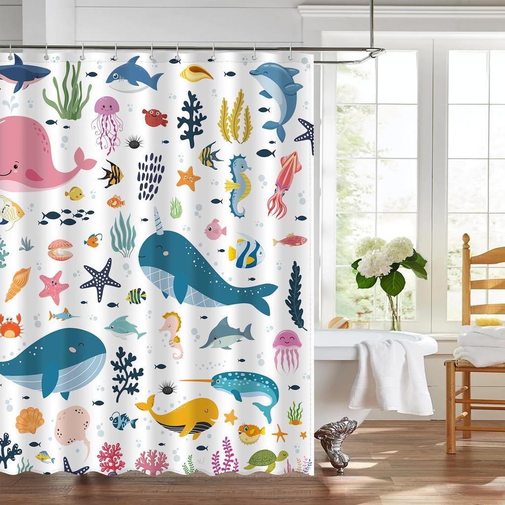 Kids Funny Ocean Shower Curtain, Cute Cartoon Watercolor Colorful Underwater Whale Boys and Girls Bathroom Decor Curtains