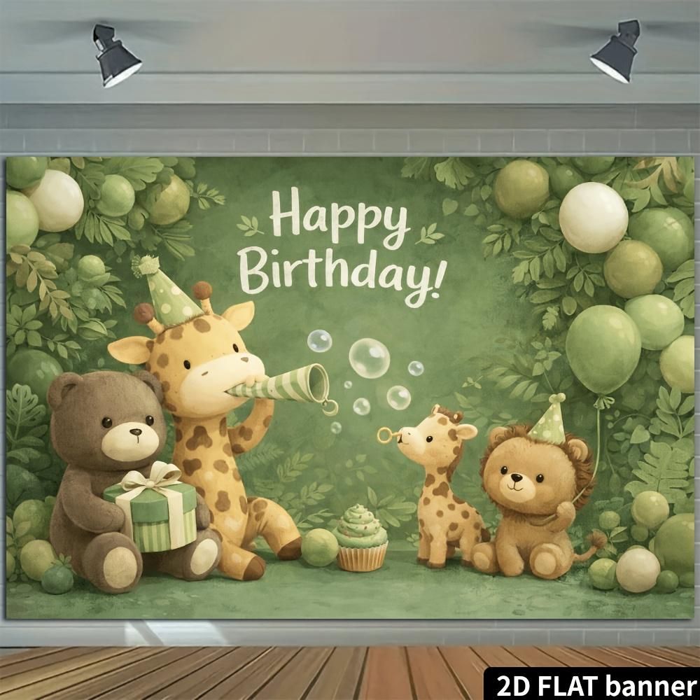 2D flat style birthday party banner background - Cute animal theme featuring elements of brown bears giraffes and little lions