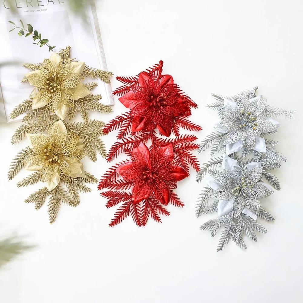 2pcs Gold Glittered Christmas Floral Arrangement Holiday Decor For Trees Gold Dusted Christmas Flower 18x32cm