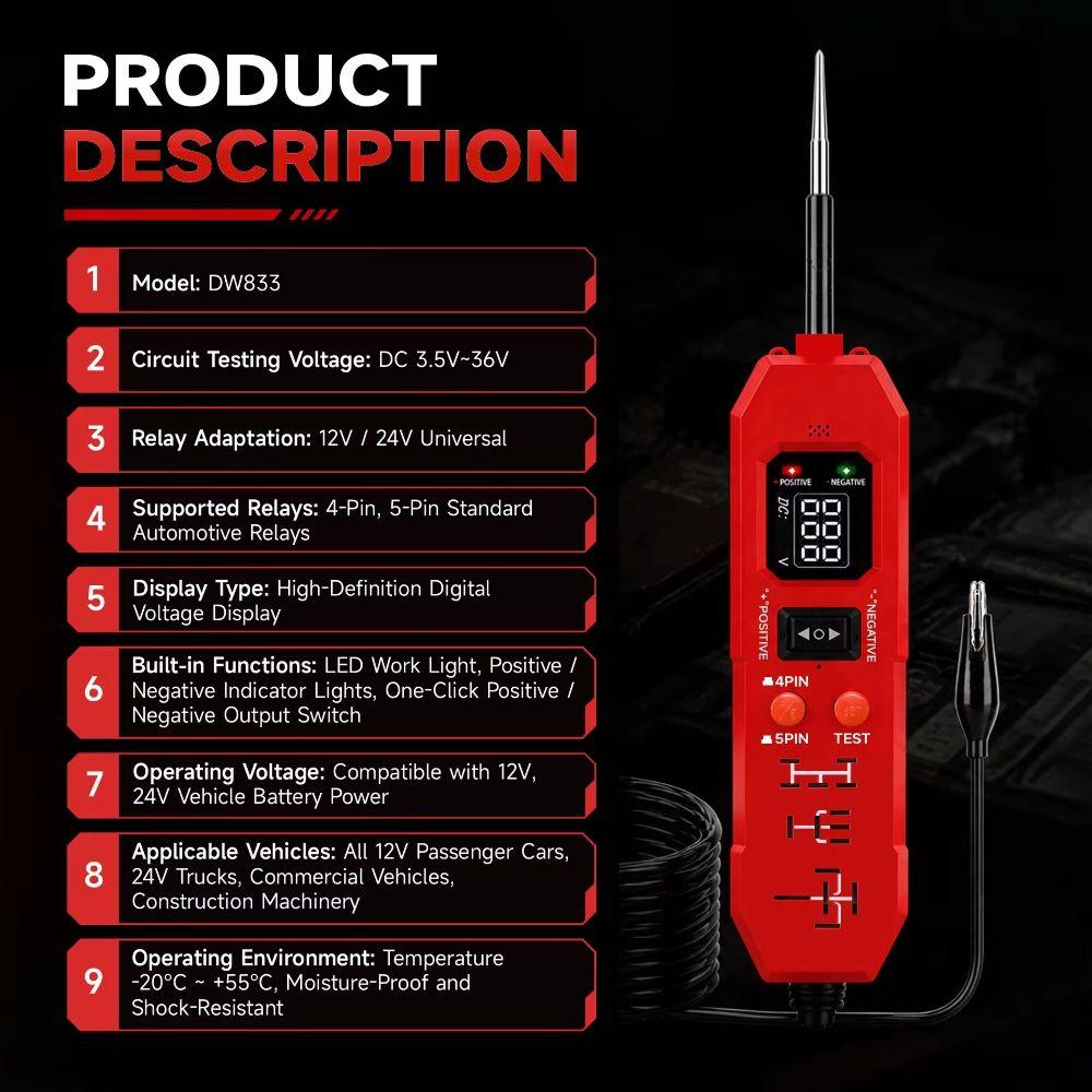 3.5-36V Circuit Tester LED Digital Display Power Probe Car Circuit Checker Car Electrical System