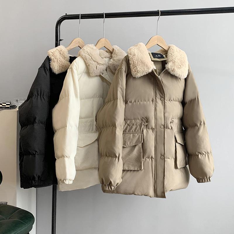 Women Autumn Winter Imitation Rabbit Hair Slim Cotton Coat Lapel Neck Solid Color Drawstring Padded Jacket