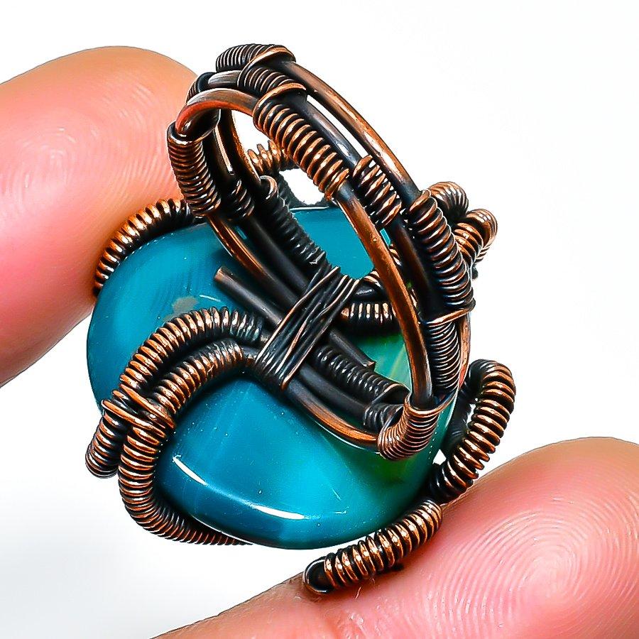 Ювелирное кольцо ручной работы с зеленым кружевным агатом и медной проволокой, размер 9,5