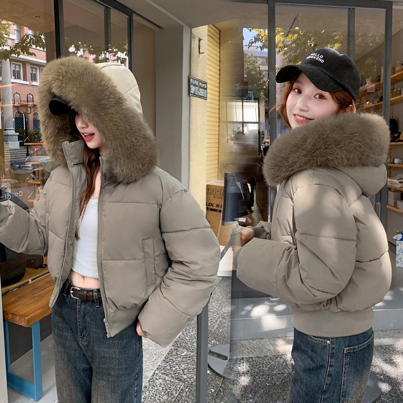 Women's Short Large Fur Collar Hooded Warm Cotton-padded Jacket