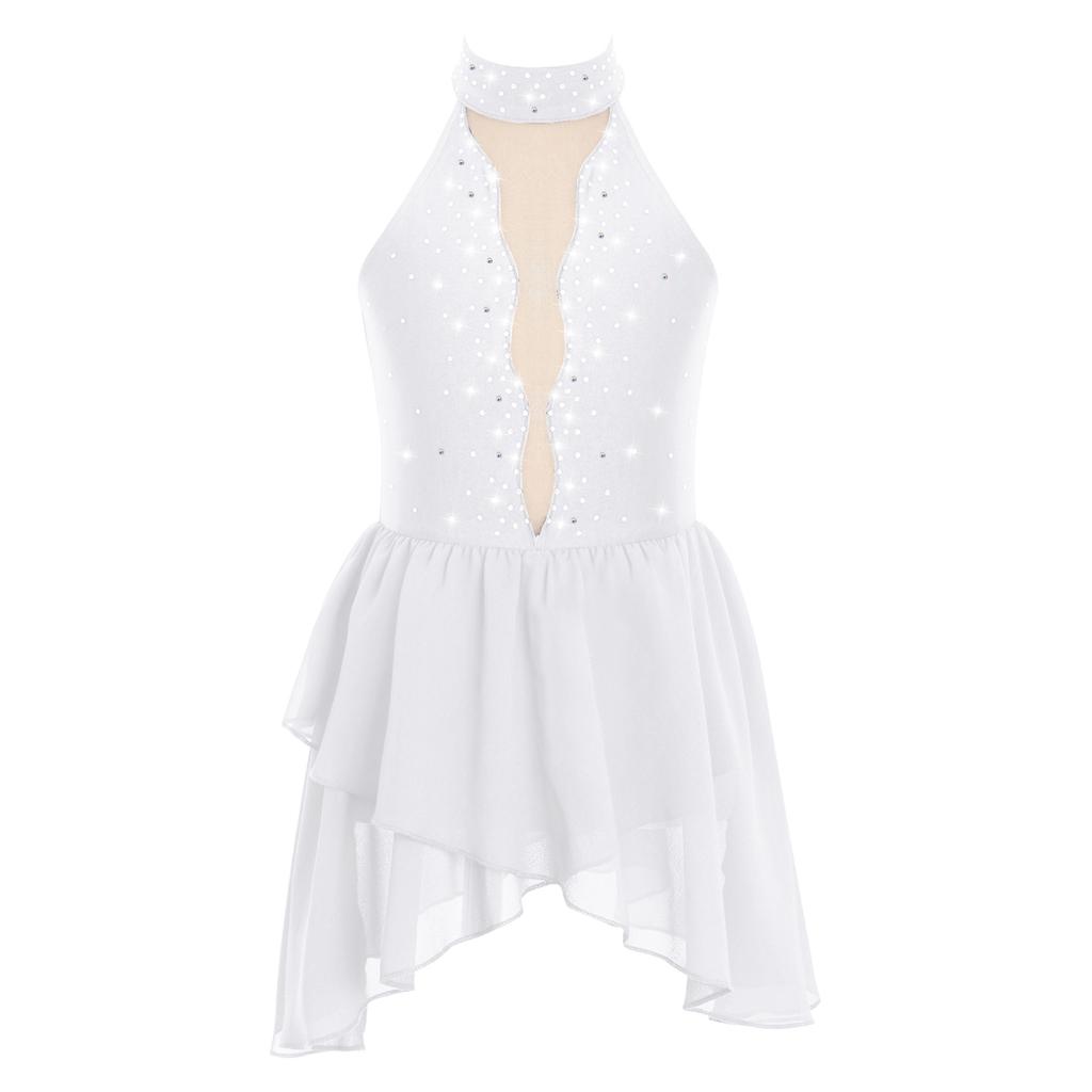 Kids Girls Rhinestone Lyrical Dance Costume Sheer Mesh Patchwork Sleeveless Irregular Hem Dress Dancewear