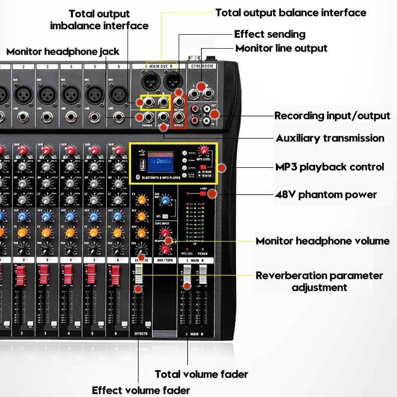 USB 6 Channel Live Studio Audio Mixer Bluetooth Console Amplifier DJ Karaoke Mixing Digital Mini Microphone Sound Mixer