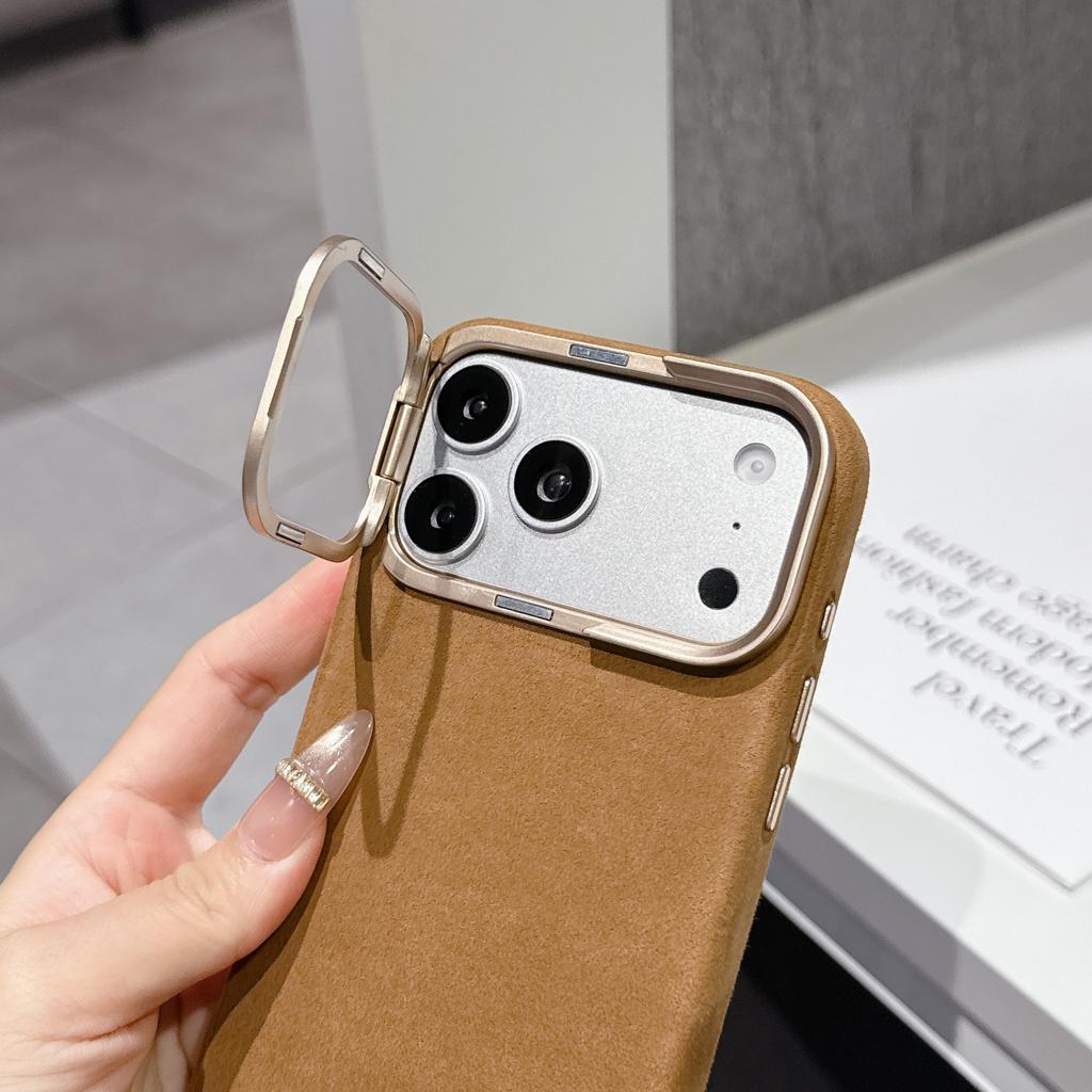 Премиальный Модный Магнитный Чехол с Текстурой Замши Алькантара Для iPhone 17 Pro/16 Pro /15 Pro /14 Pro Max С Подставкой Металлическая Подставка для Камеры