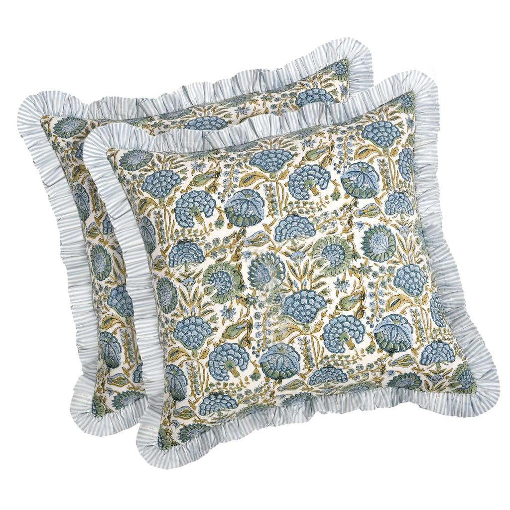 2 Piece Romantic Floral Print Pillow Covers With Ruffled Trim Soft Polyester Square Cushion Case for Living Room Bedroom